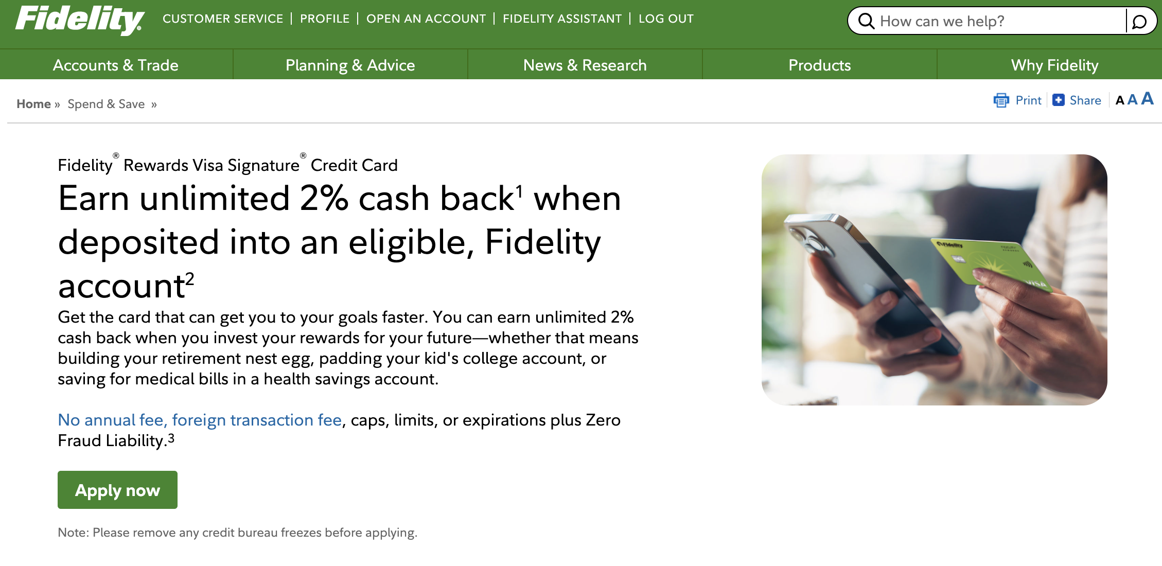 Fidelity Rewards Visa Signature Card 2%返现信用卡介绍– US Cards