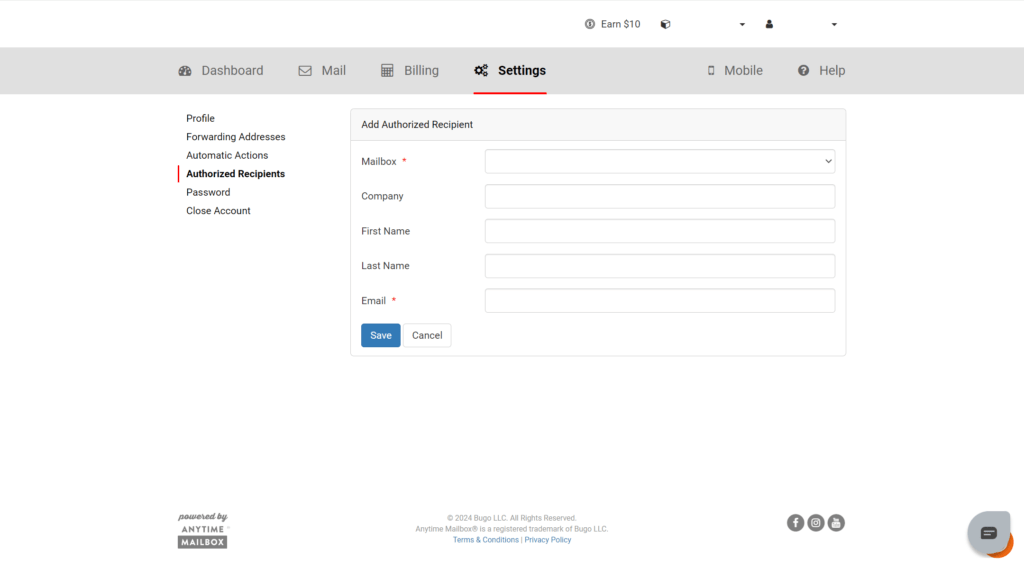在Anytime Mailbox免费添加收件人 3 2024 10 06 141006