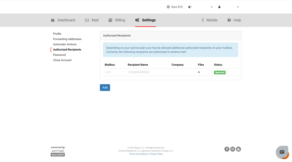 在Anytime Mailbox免费添加收件人 9 2024 10 06 142656